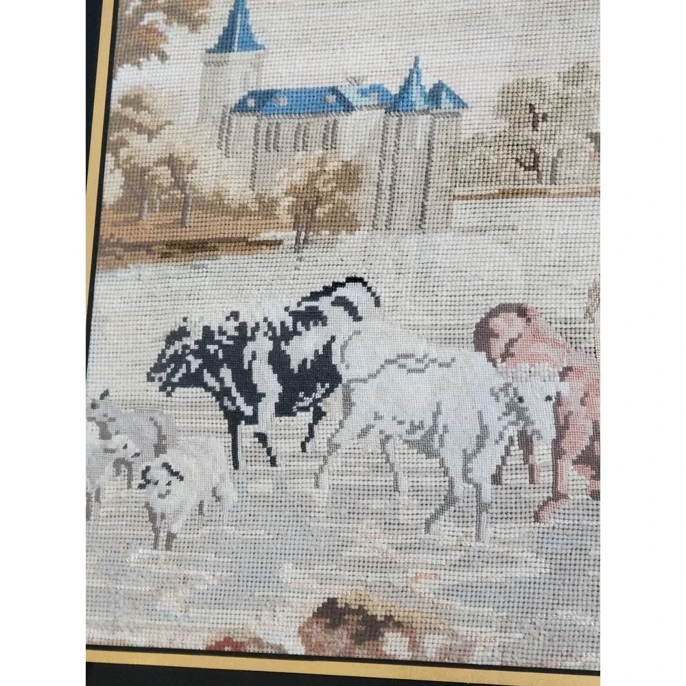 Big Antique Needlepoint Pastoral Scene Framed Picture Cows Horses Maidens Castle